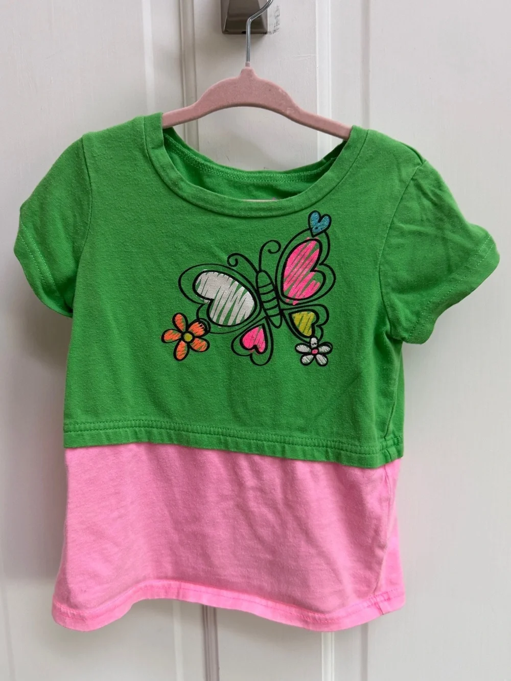 okie dokie 4T Green and Pink Butterfly Colorblock Short Sleeve Shirt Blouse Top